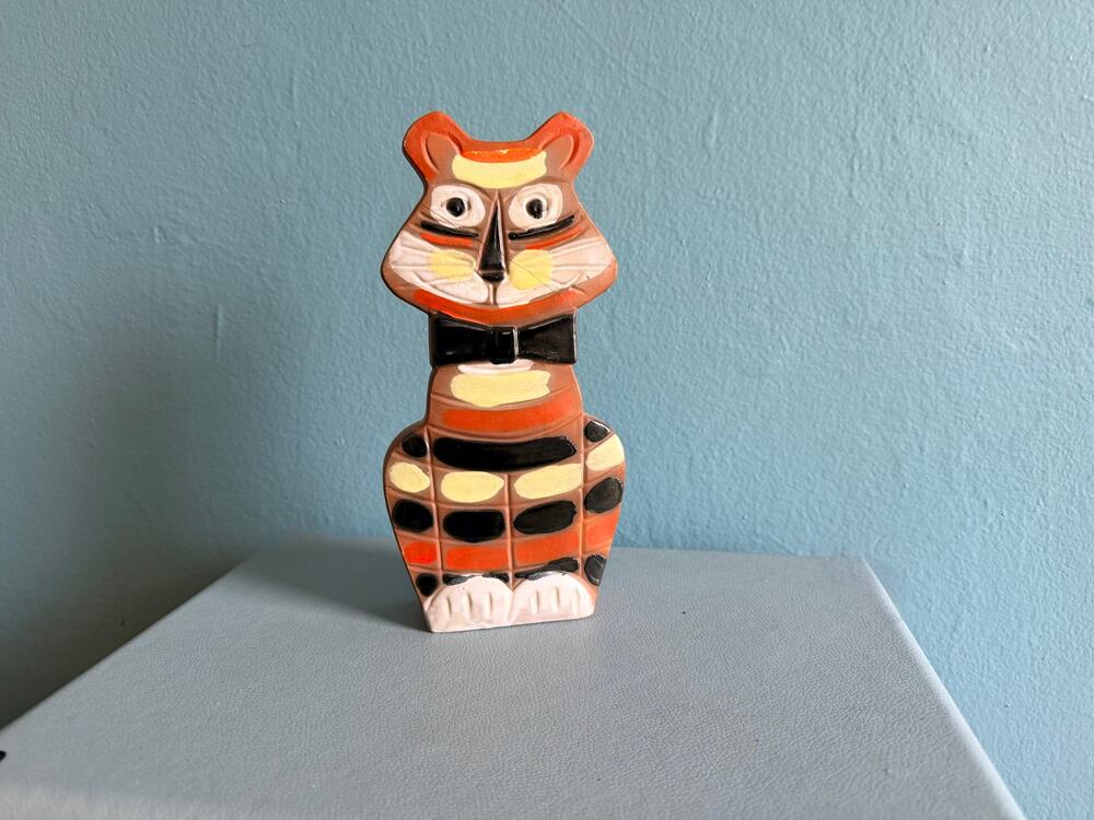 Vintage Mid Century Mod Cat Figurine Retro 1960s Orange Kitty Statue 8.5"
